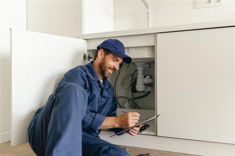 Residential plumber reviewing plumbing repairs in a Lehigh Acres kitchen